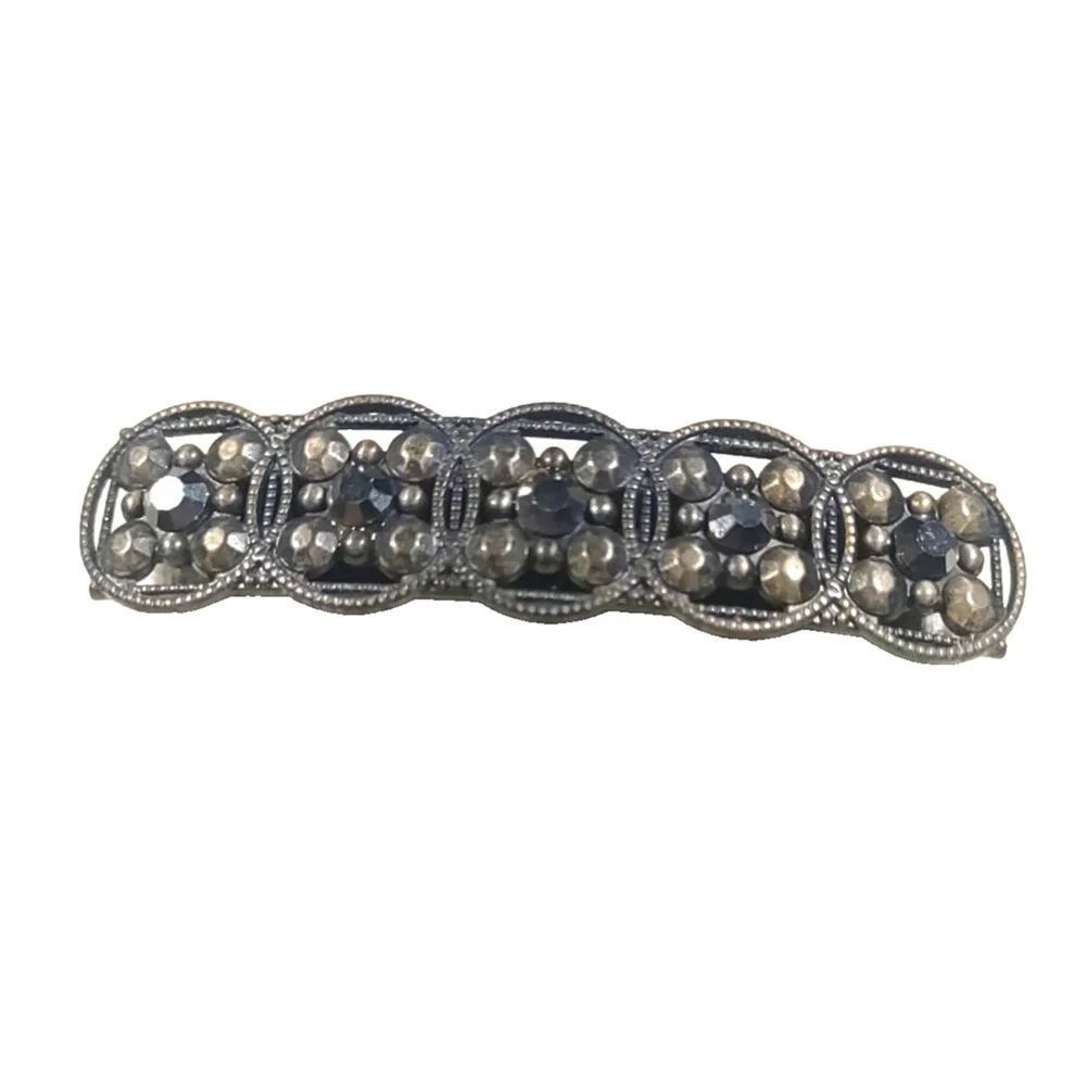 Gun Metal Black Rhinestone Hair Barrette Tension Clip Geometric Shape Circles...